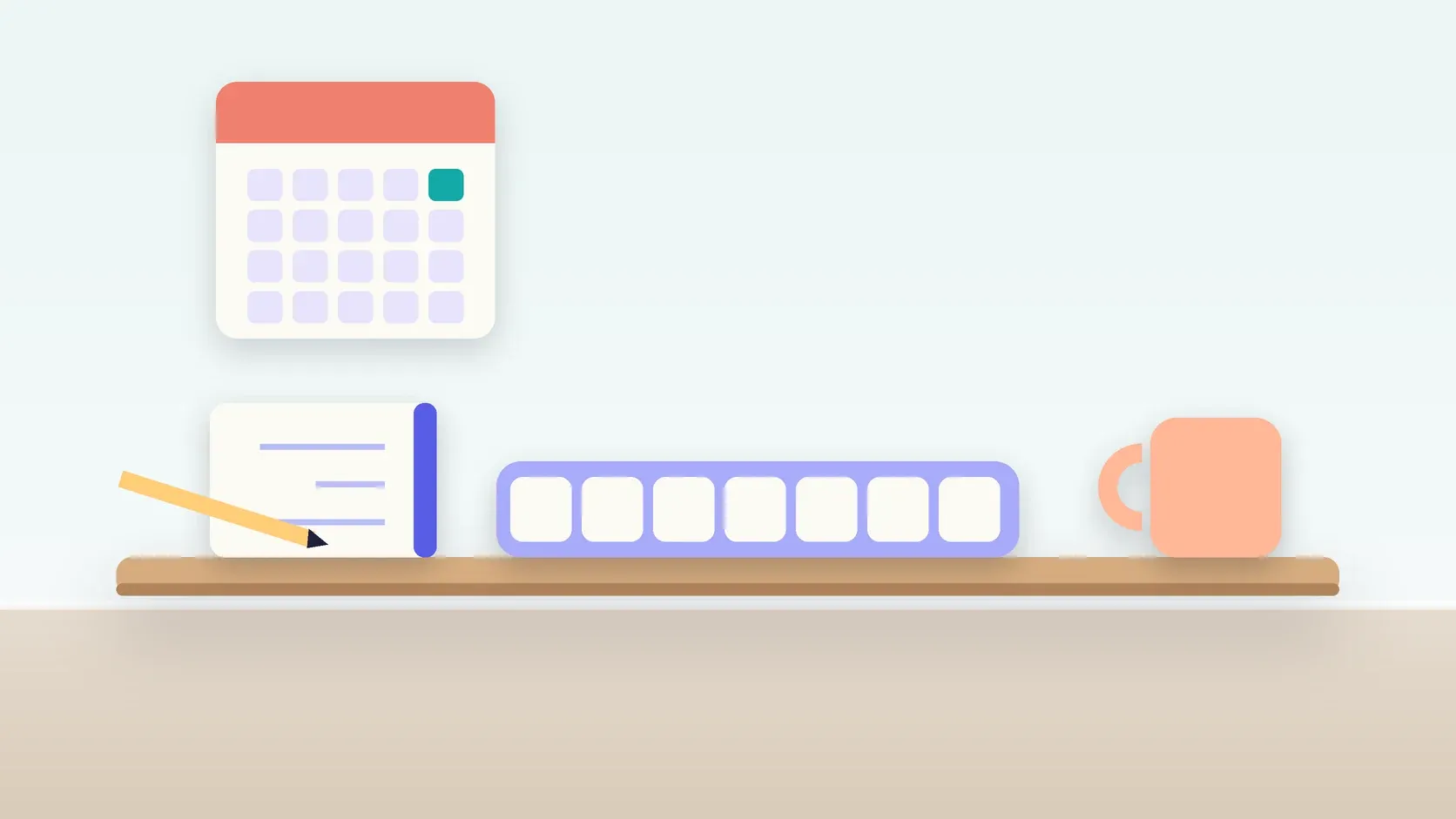 Illustration of a weekly pill organizer on a desk with a glass, a notebook and a wall calendar