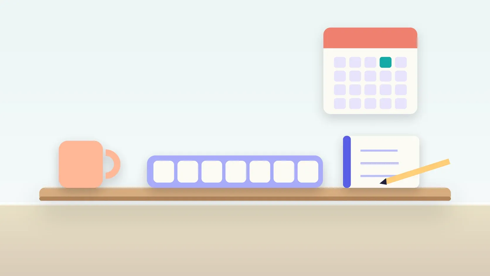 Illustration of a weekly pill organizer on a desk with a glass, a notebook and a wall calendar