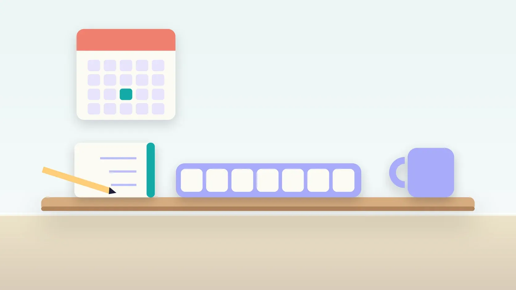 Illustration of a weekly pill organizer on a desk with a glass, a notebook and a wall calendar