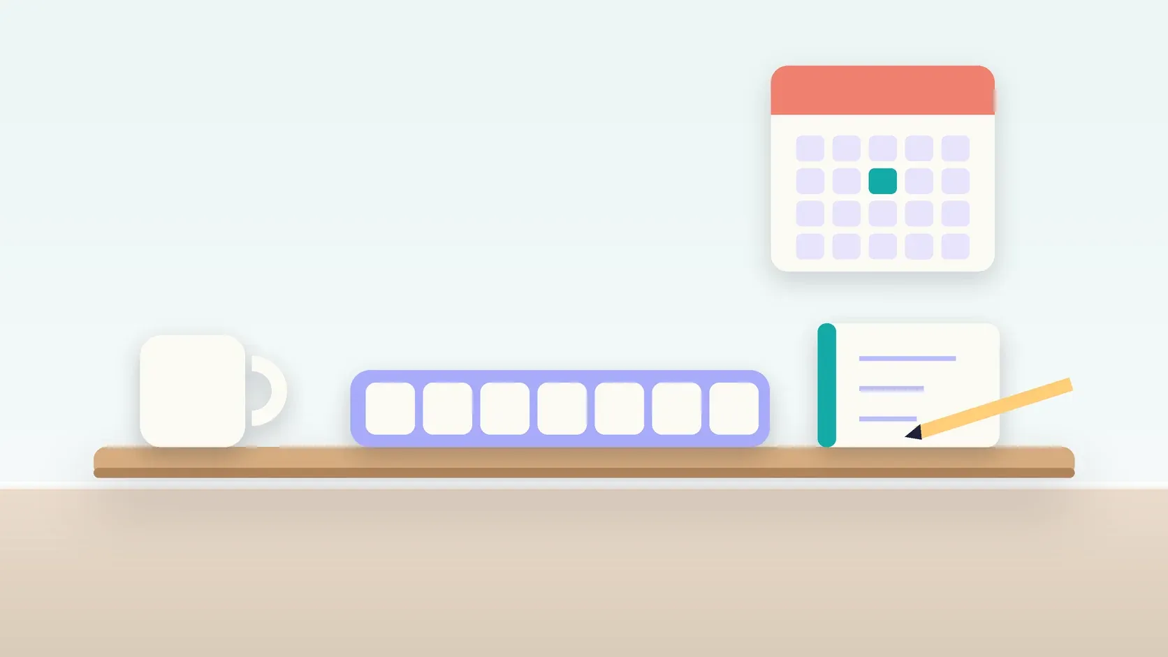 Illustration of a weekly pill organizer on a desk with a glass, a notebook and a wall calendar