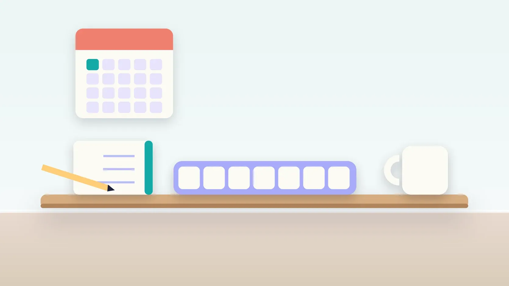 Illustration of a weekly pill organizer on a desk with a glass, a notebook and a wall calendar