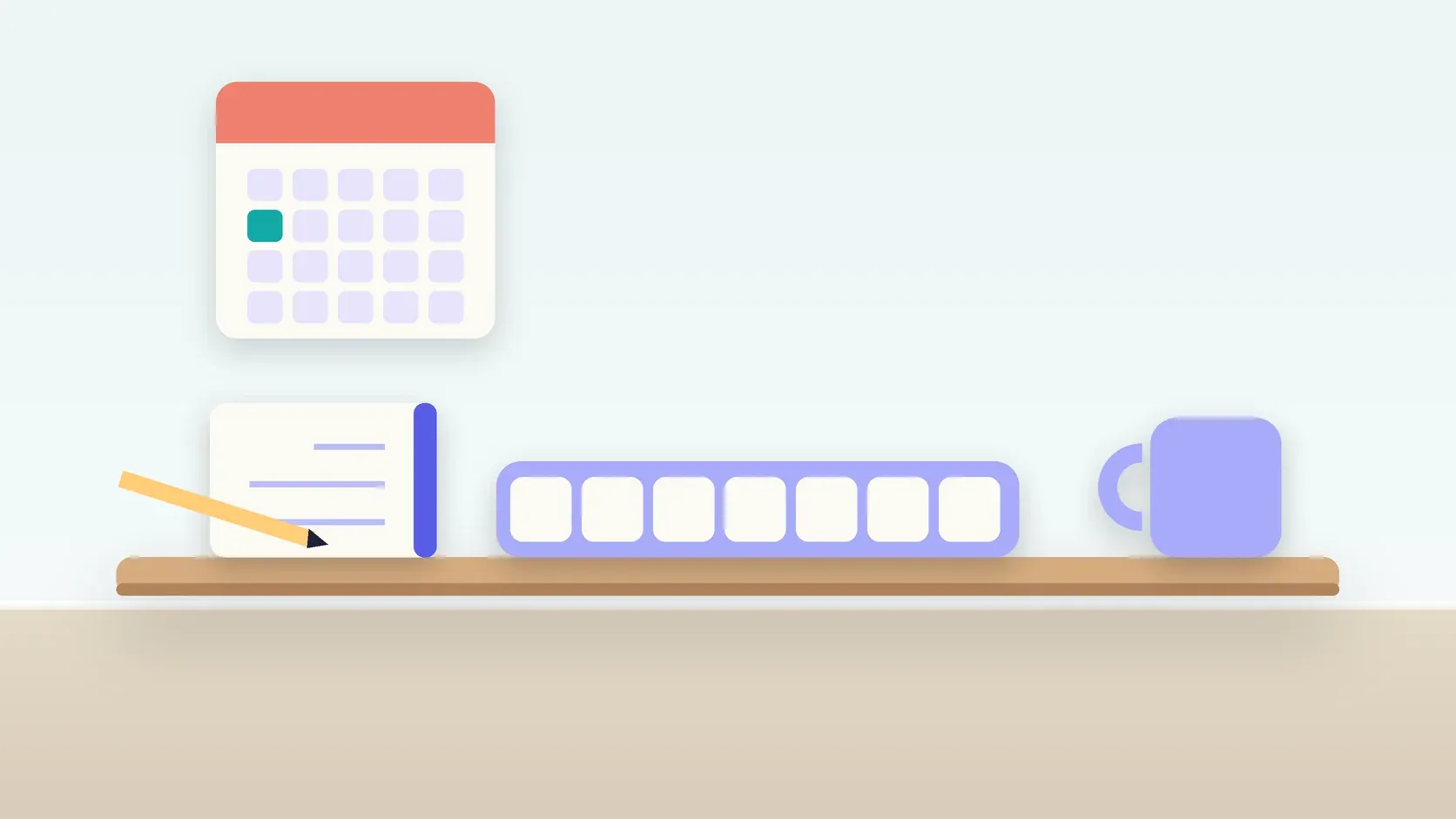 Illustration of a weekly pill organizer on a desk with a glass, a notebook and a wall calendar