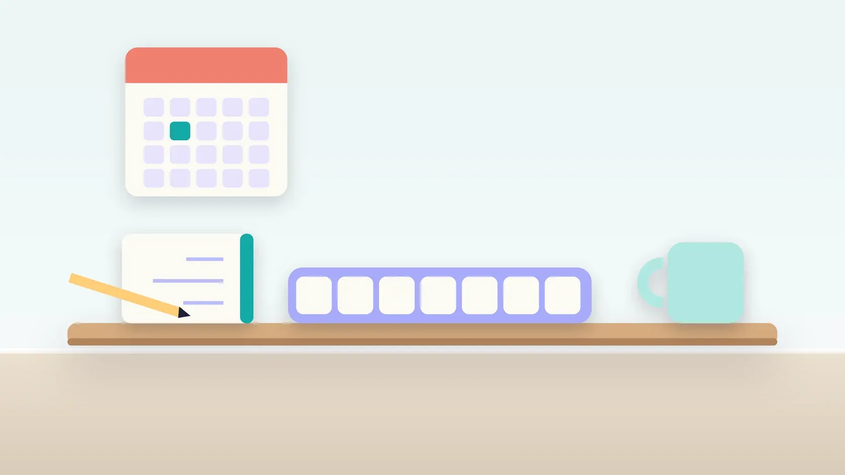 Illustration of a weekly pill organizer on a desk with a glass, a notebook and a wall calendar