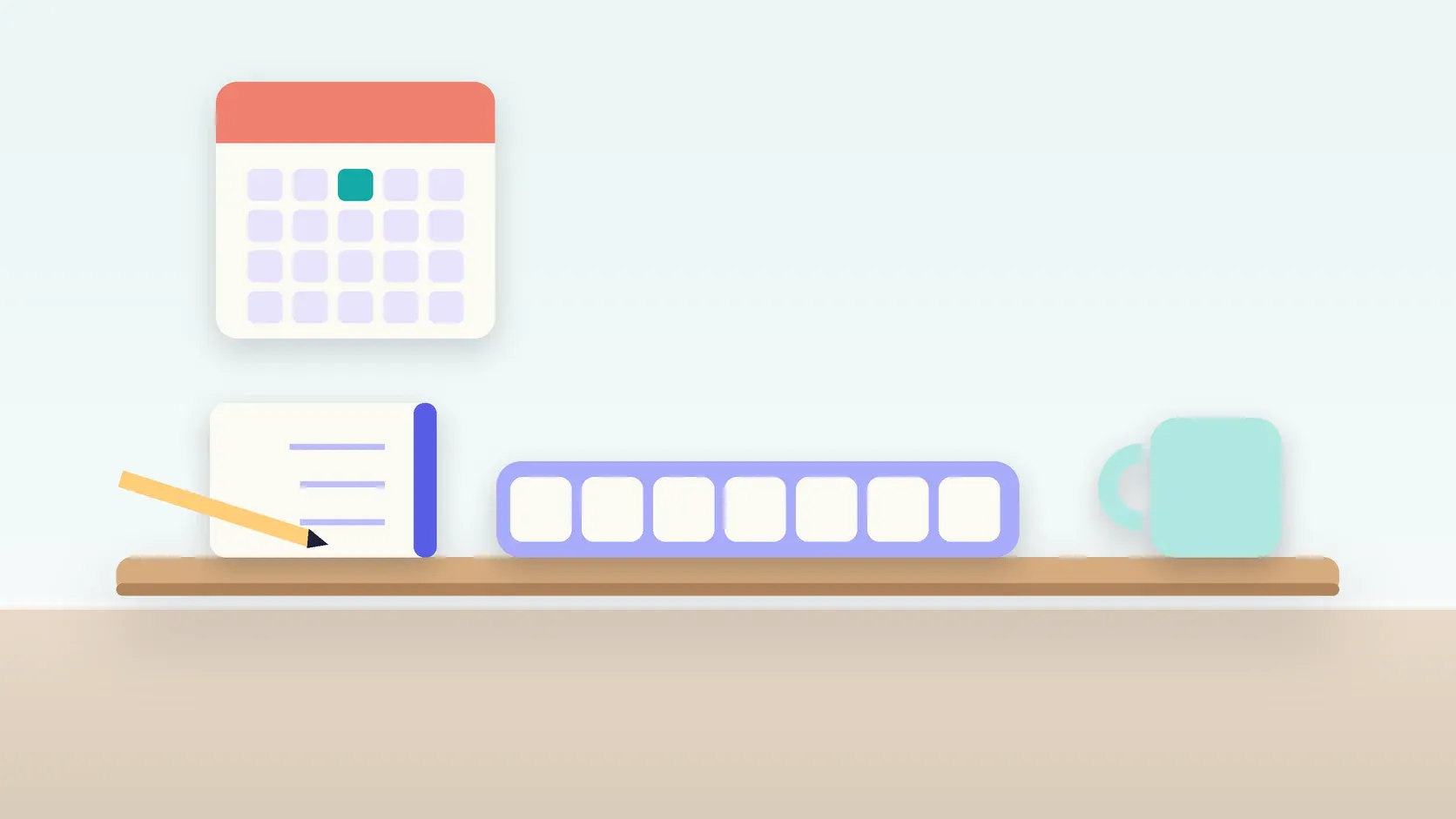 Illustration of a weekly pill organizer on a desk with a glass, a notebook and a wall calendar