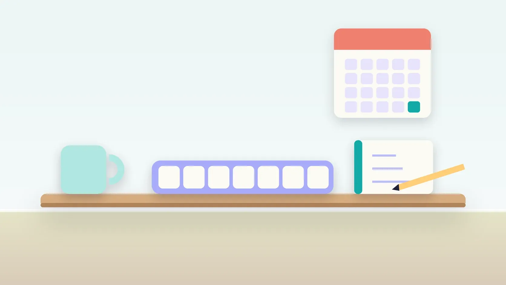 Illustration of a weekly pill organizer on a desk with a glass, a notebook and a wall calendar