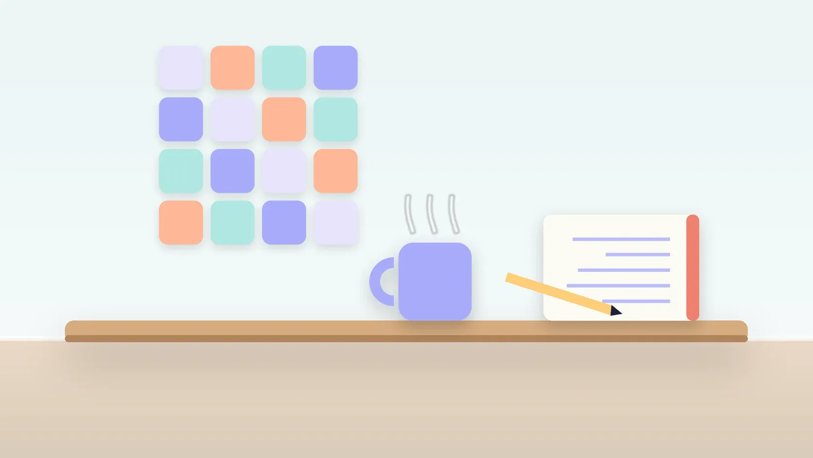 Illustration of a neat grid of soft colored tiles on a wall above a desk with a notebook and a mug