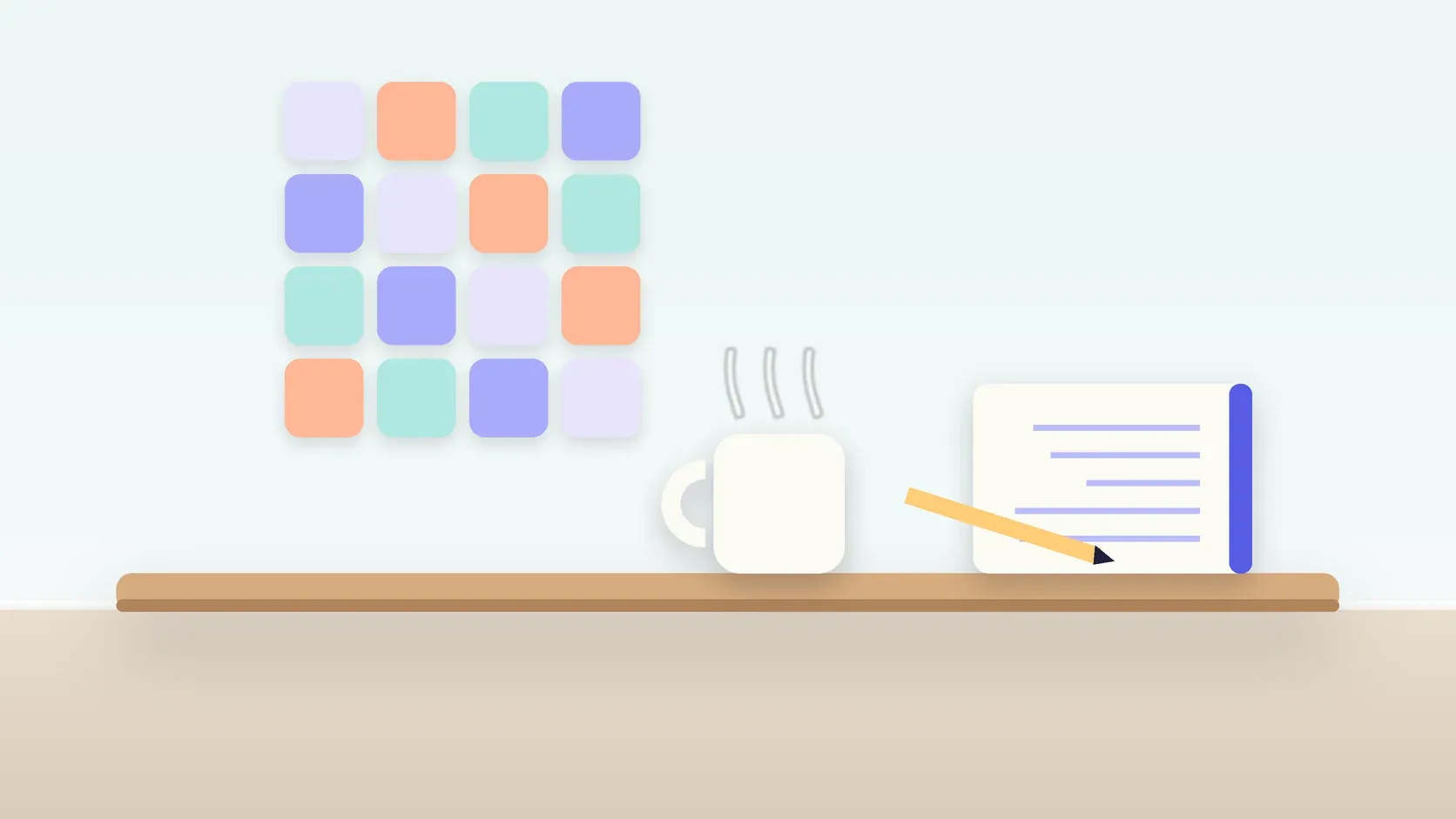 Illustration of a neat grid of soft colored tiles on a wall above a desk with a notebook and a mug