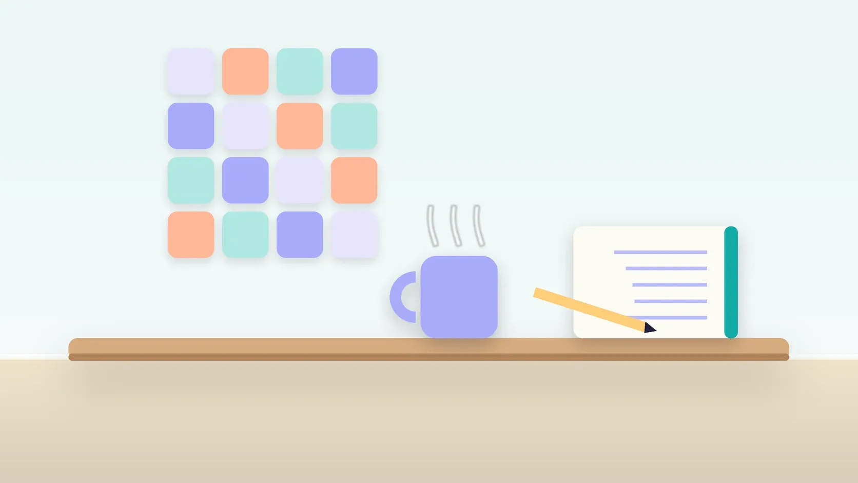 Illustration of a neat grid of soft colored tiles on a wall above a desk with a notebook and a mug