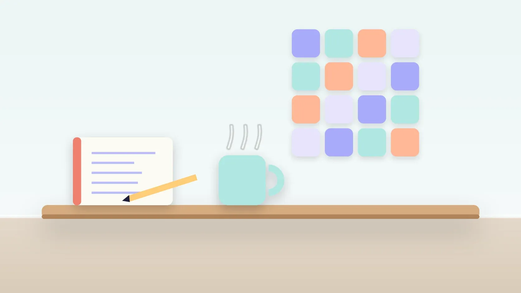 Illustration of a neat grid of soft colored tiles on a wall above a desk with a notebook and a mug