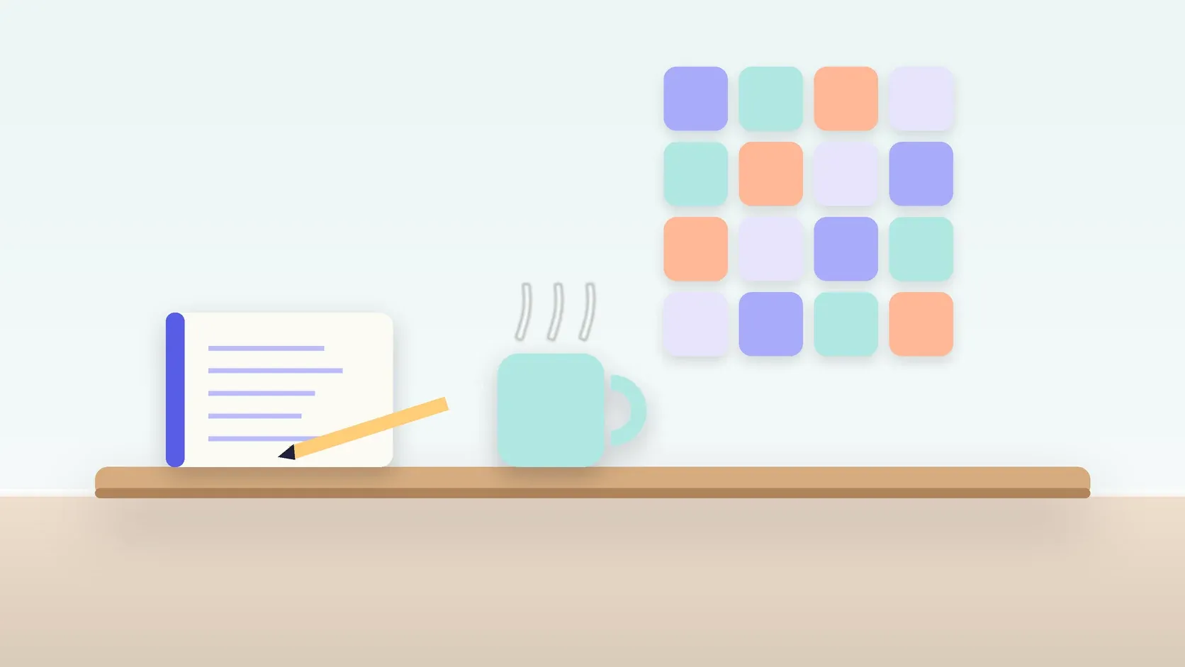 Illustration of a neat grid of soft colored tiles on a wall above a desk with a notebook and a mug
