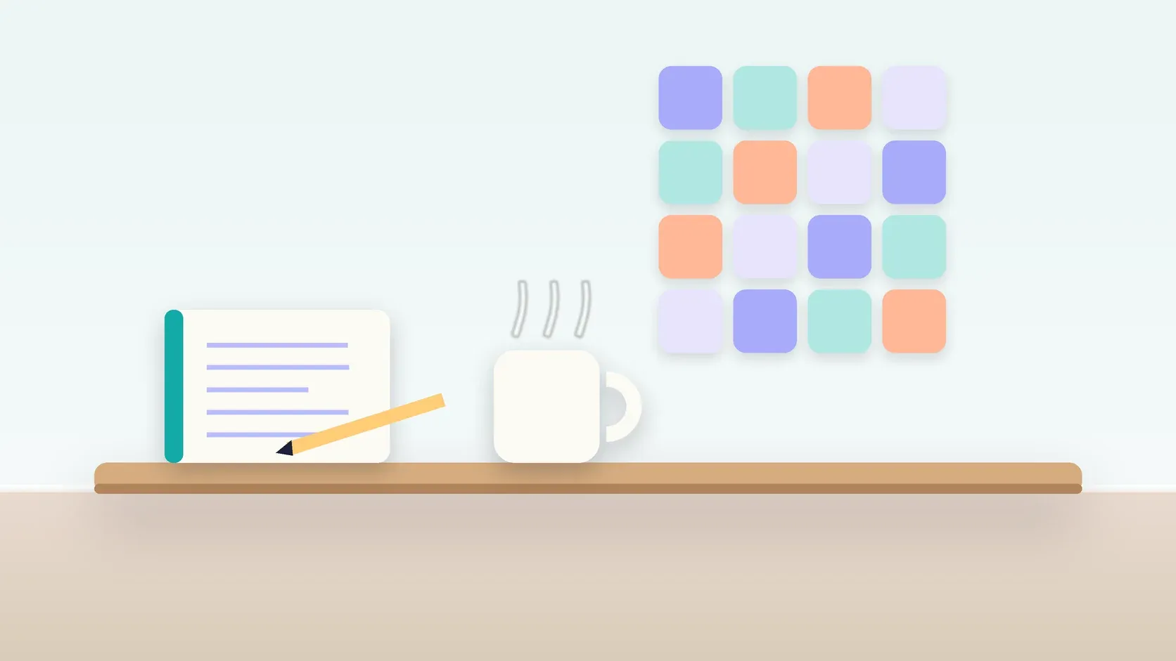 Illustration of a neat grid of soft colored tiles on a wall above a desk with a notebook and a mug