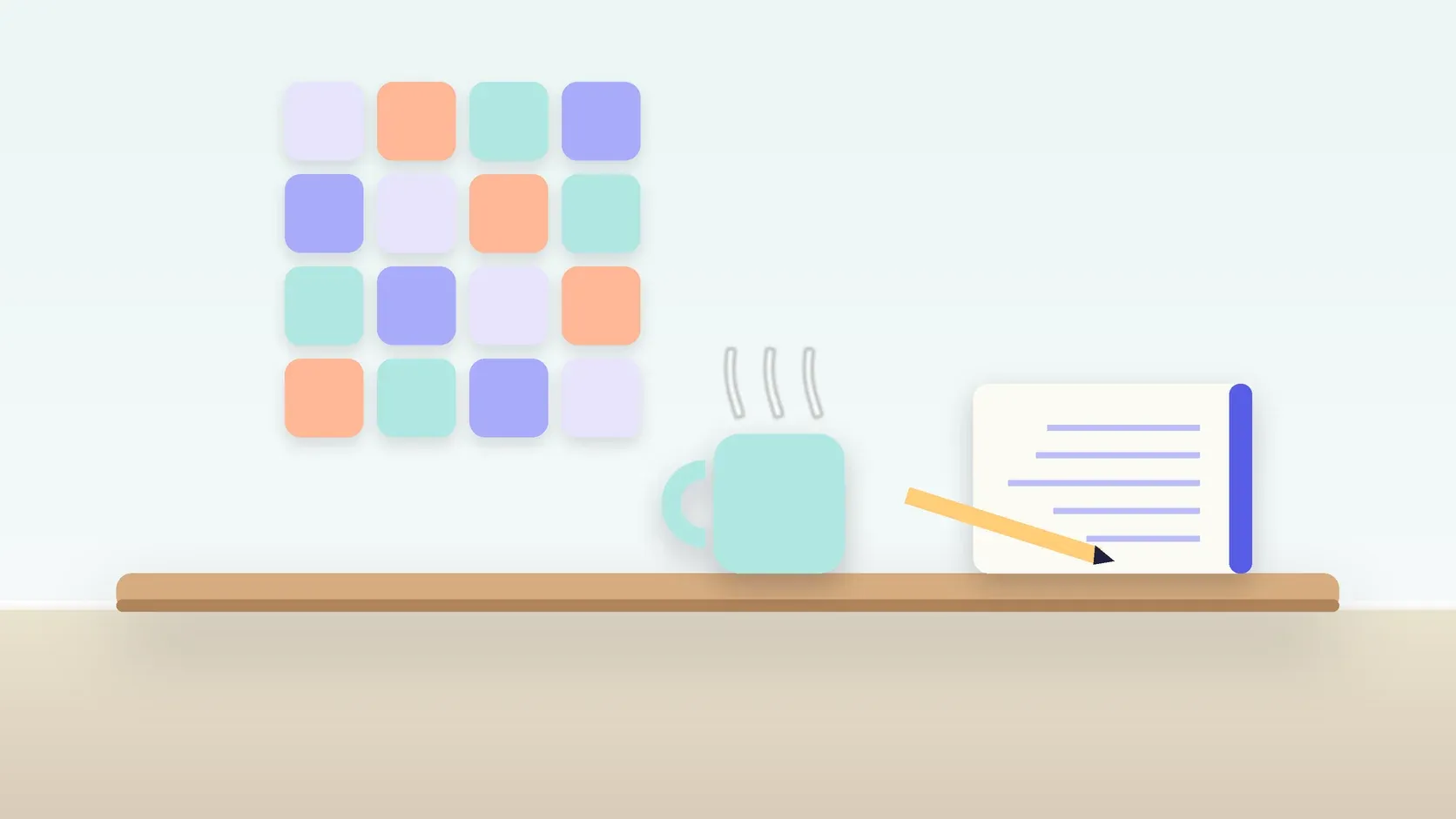 Illustration of a neat grid of soft colored tiles on a wall above a desk with a notebook and a mug