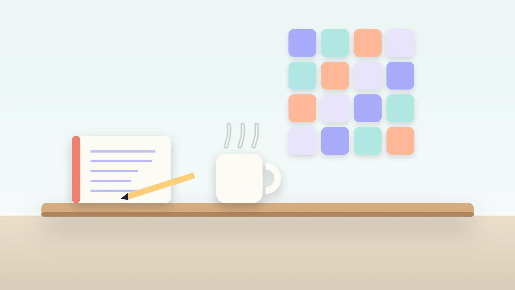 Illustration of a neat grid of soft colored tiles on a wall above a desk with a notebook and a mug
