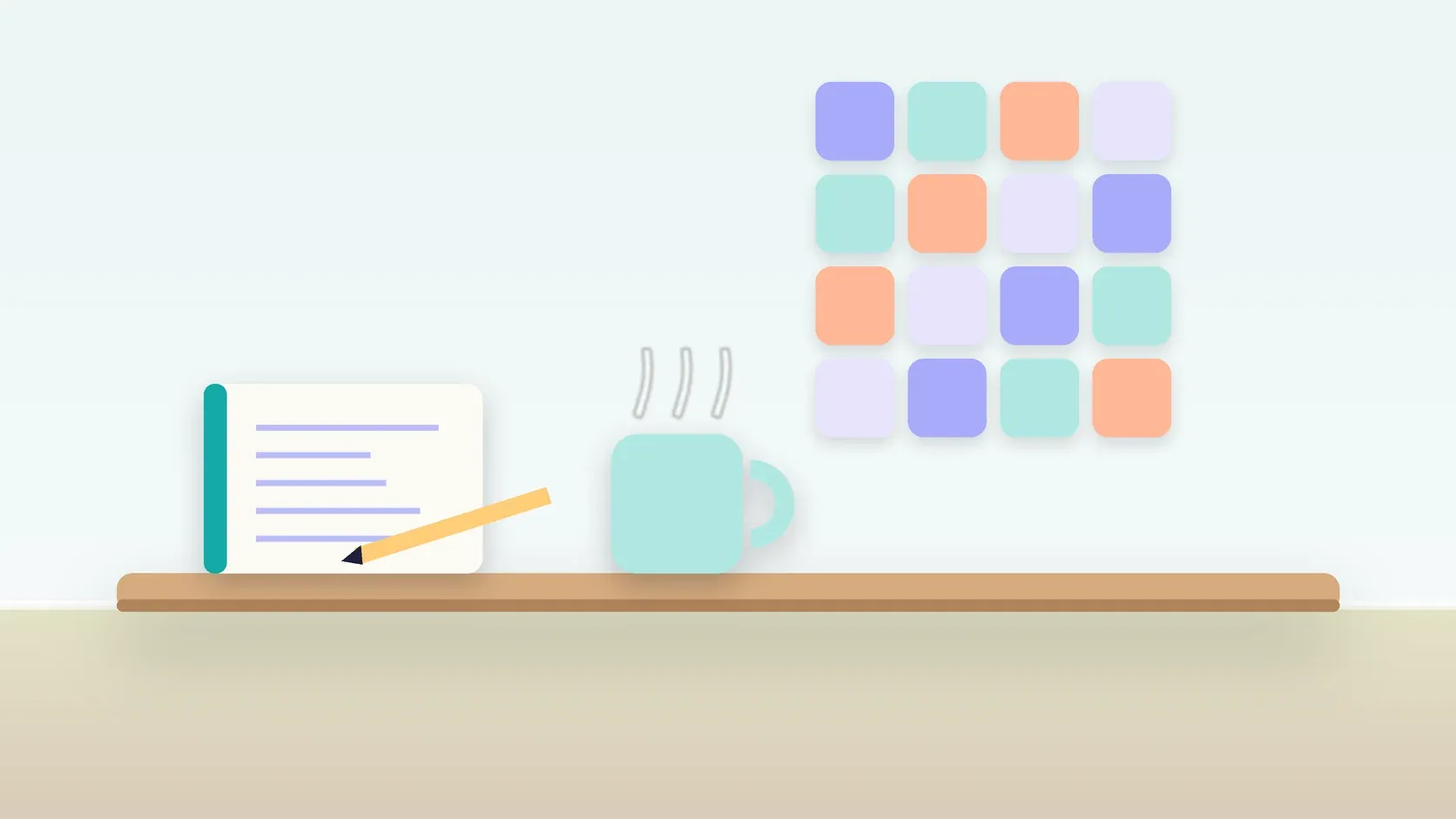 Illustration of a neat grid of soft colored tiles on a wall above a desk with a notebook and a mug