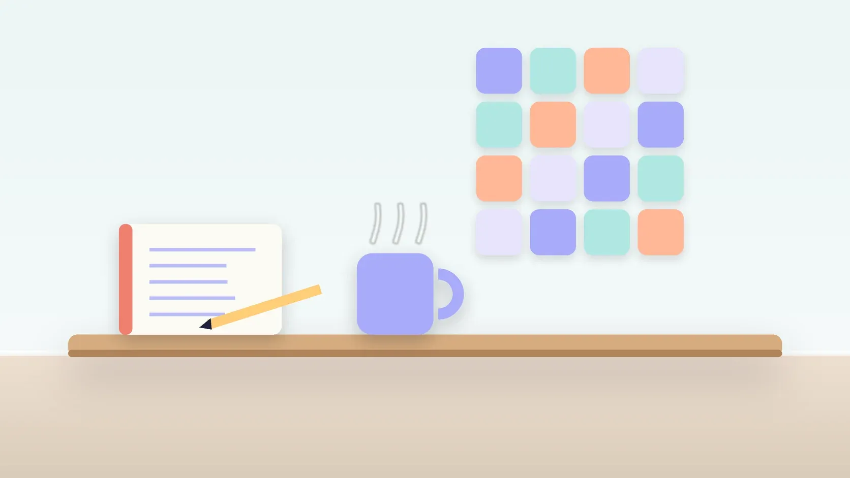 Illustration of a neat grid of soft colored tiles on a wall above a desk with a notebook and a mug