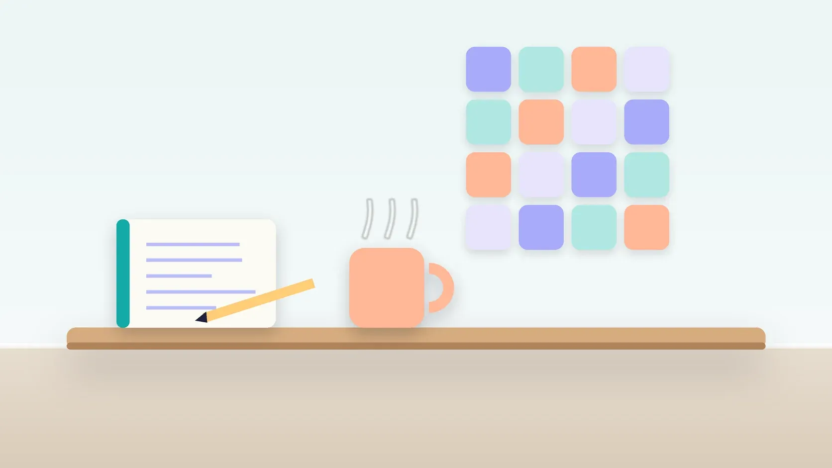 Illustration of a neat grid of soft colored tiles on a wall above a desk with a notebook and a mug