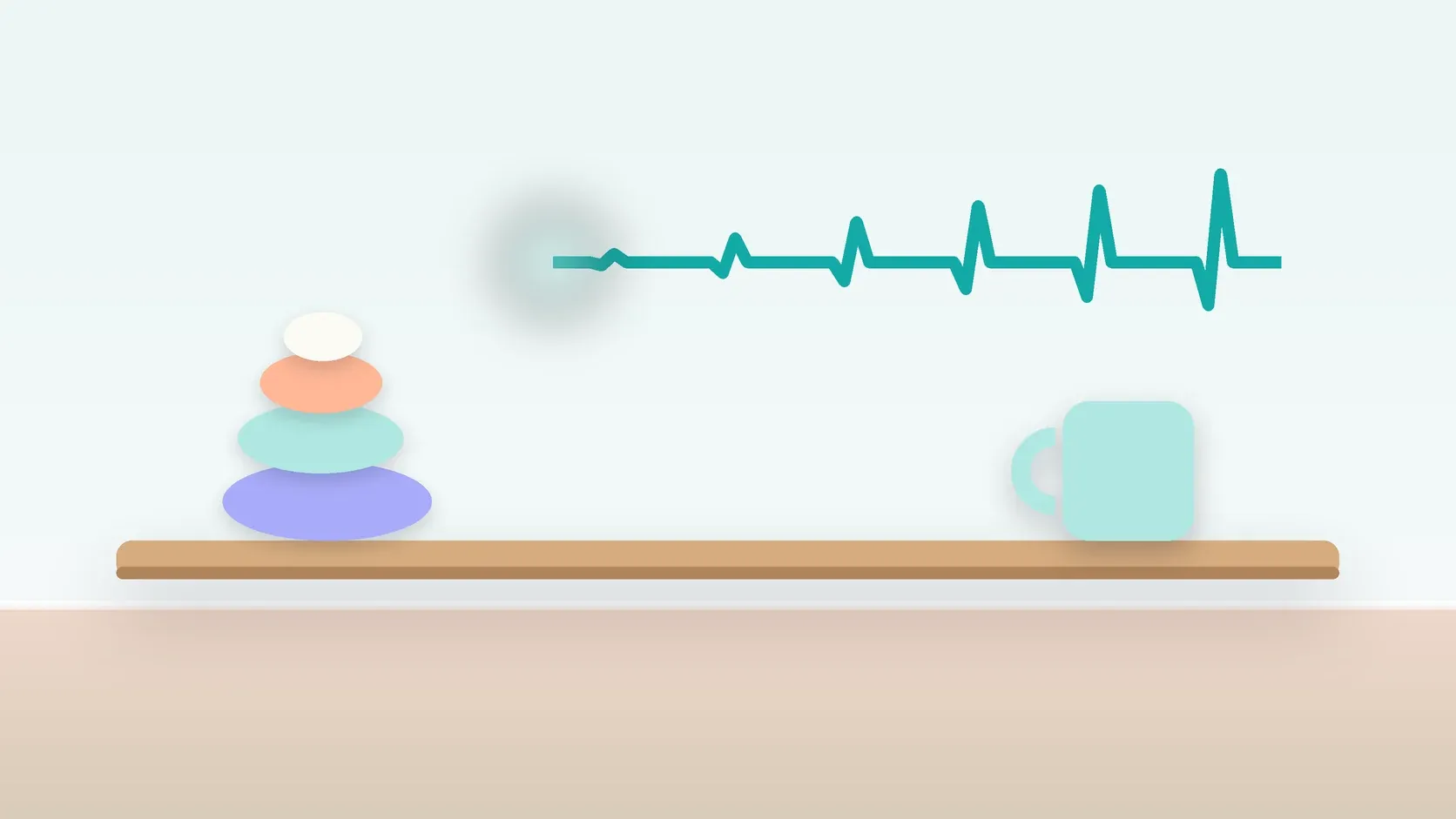 Illustration of a heartbeat line settling into a calm curve above a desk with balanced stones and a mug