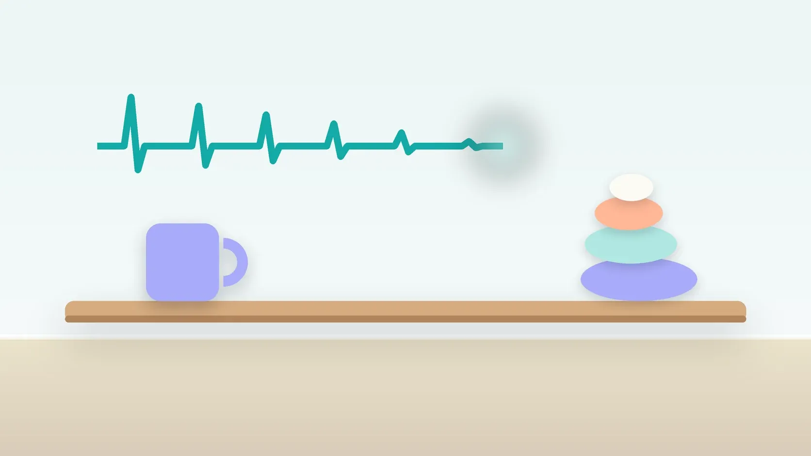 Illustration of a heartbeat line settling into a calm curve above a desk with balanced stones and a mug