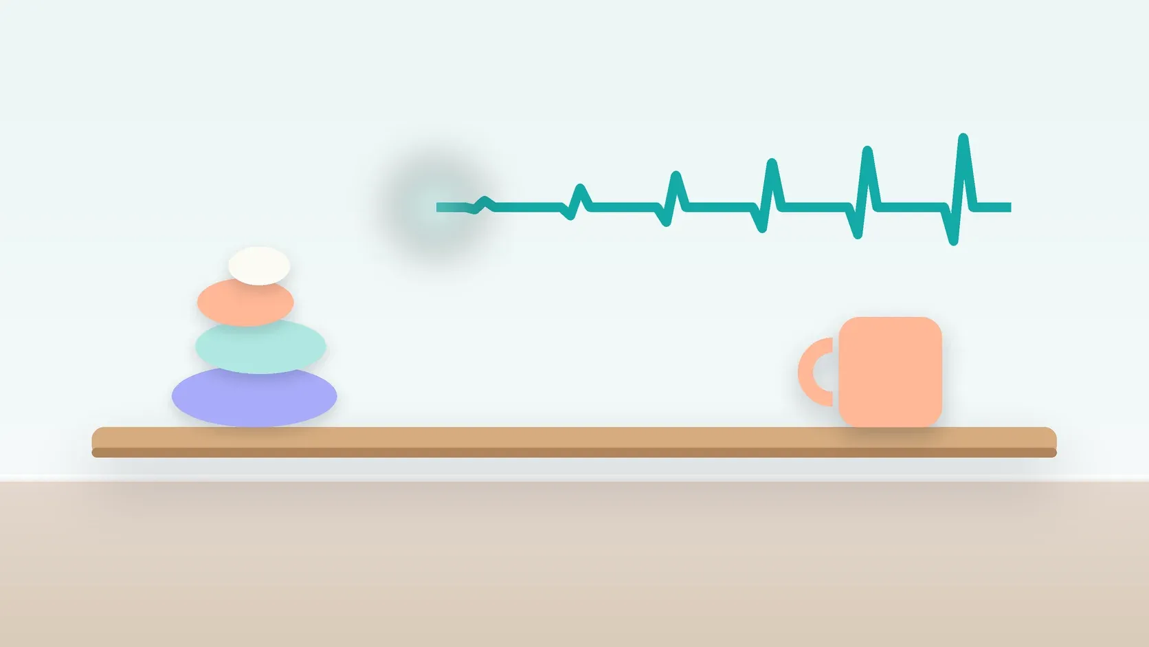 Illustration of a heartbeat line settling into a calm curve above a desk with balanced stones and a mug