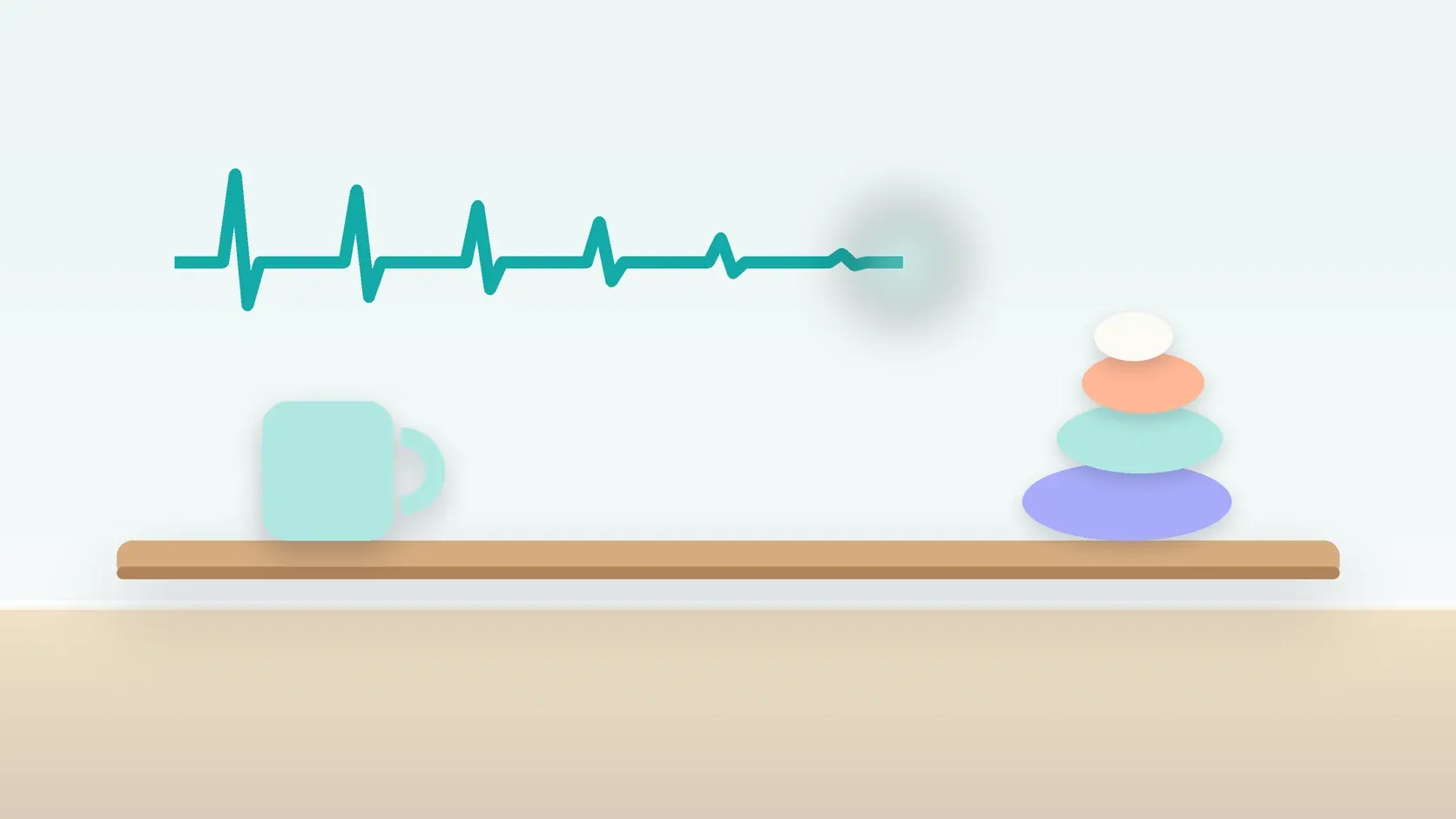 Illustration of a heartbeat line settling into a calm curve above a desk with balanced stones and a mug