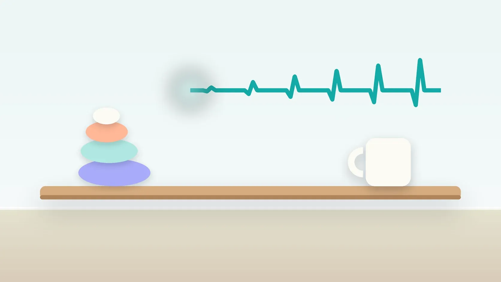 Illustration of a heartbeat line settling into a calm curve above a desk with balanced stones and a mug