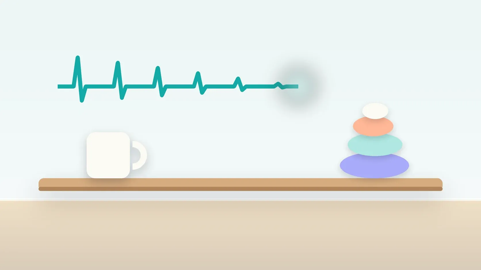 Illustration of a heartbeat line settling into a calm curve above a desk with balanced stones and a mug