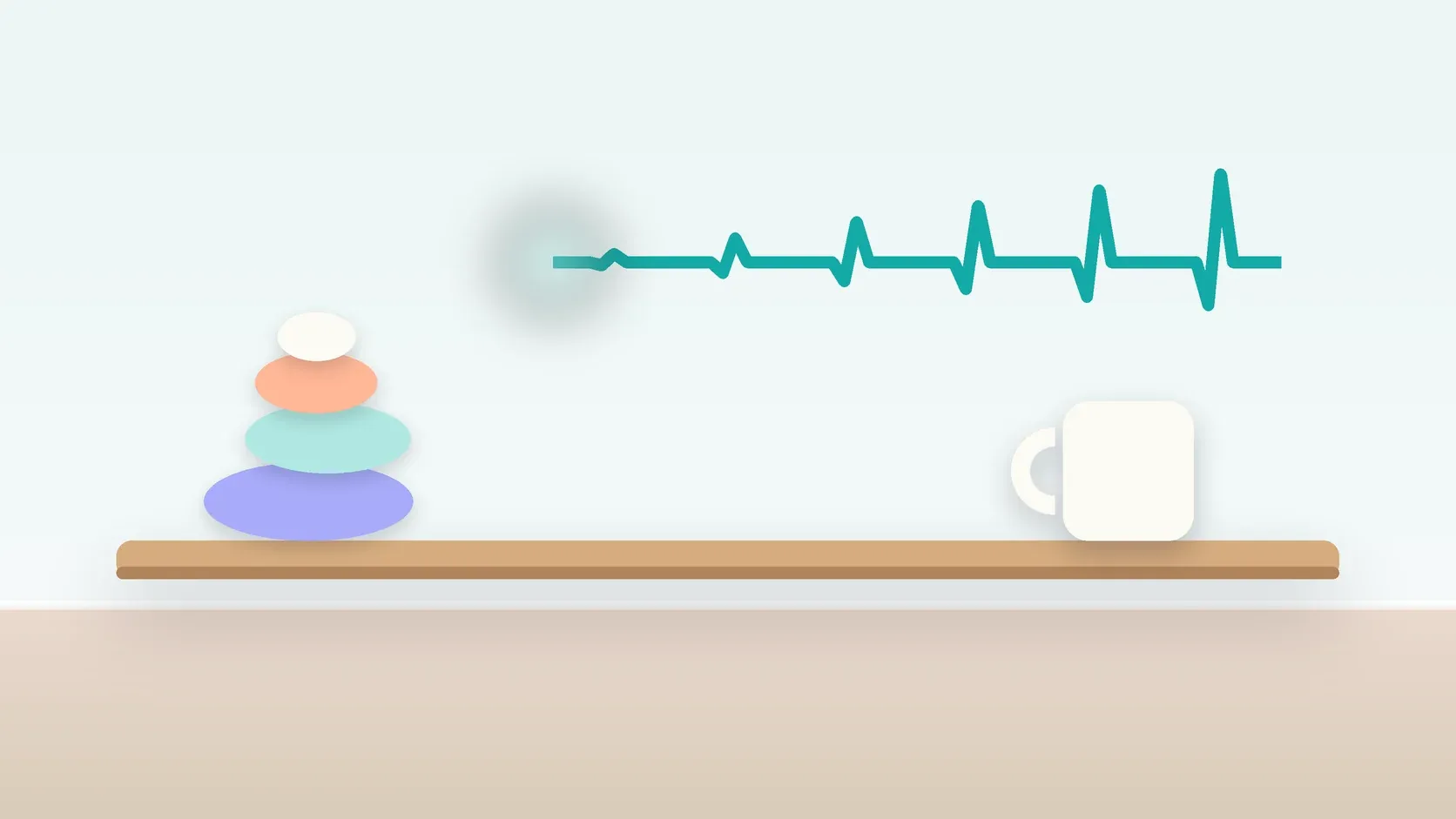 Illustration of a heartbeat line settling into a calm curve above a desk with balanced stones and a mug