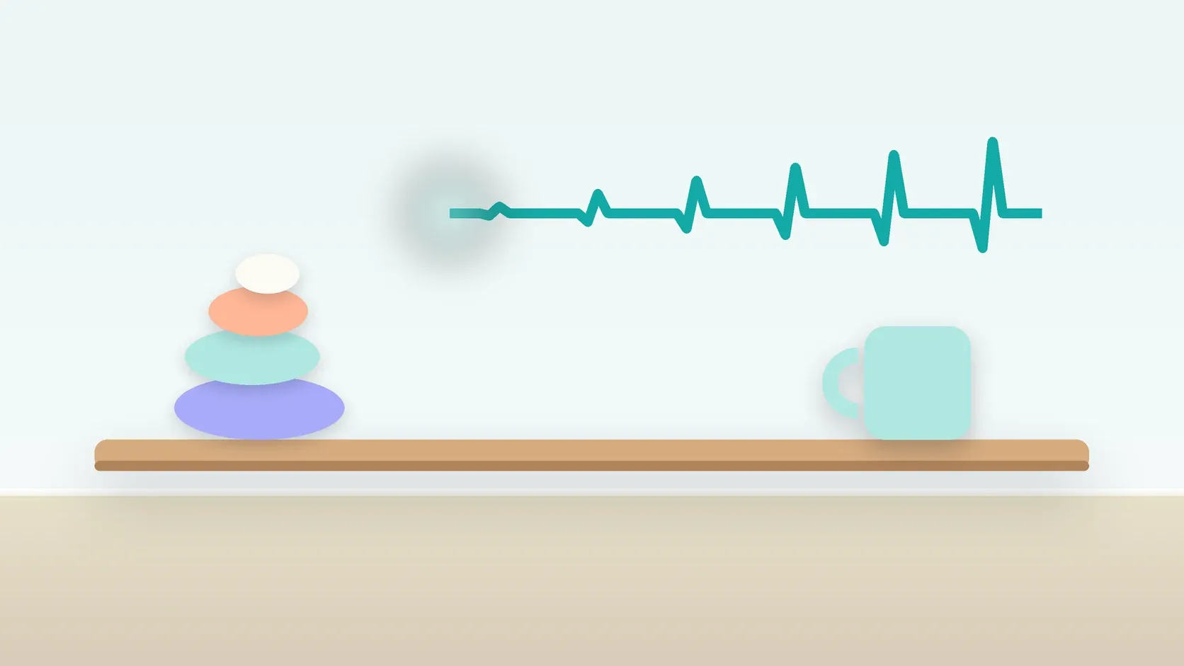 Illustration of a heartbeat line settling into a calm curve above a desk with balanced stones and a mug