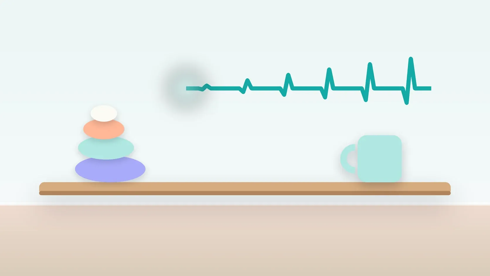 Illustration of a heartbeat line settling into a calm curve above a desk with balanced stones and a mug