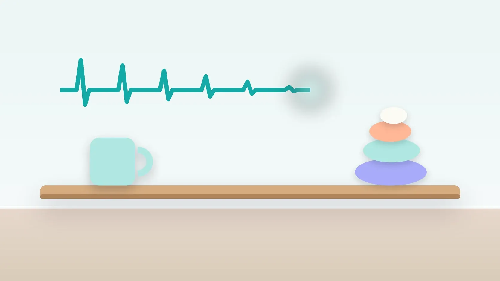 Illustration of a heartbeat line settling into a calm curve above a desk with balanced stones and a mug