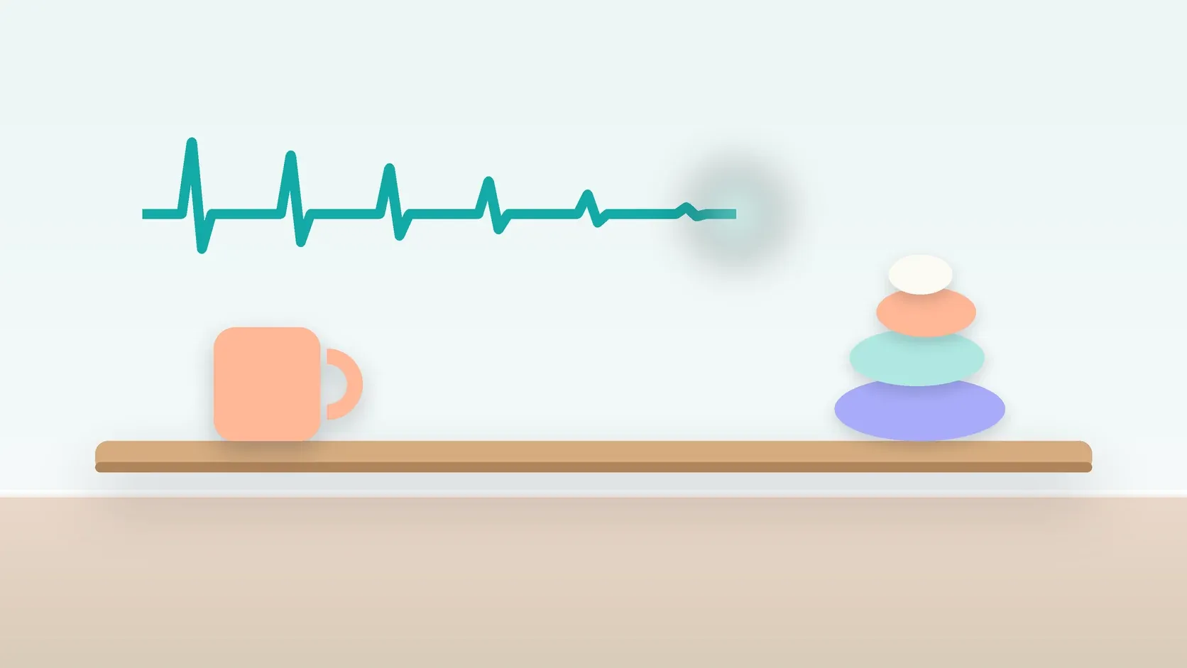 Illustration of a heartbeat line settling into a calm curve above a desk with balanced stones and a mug