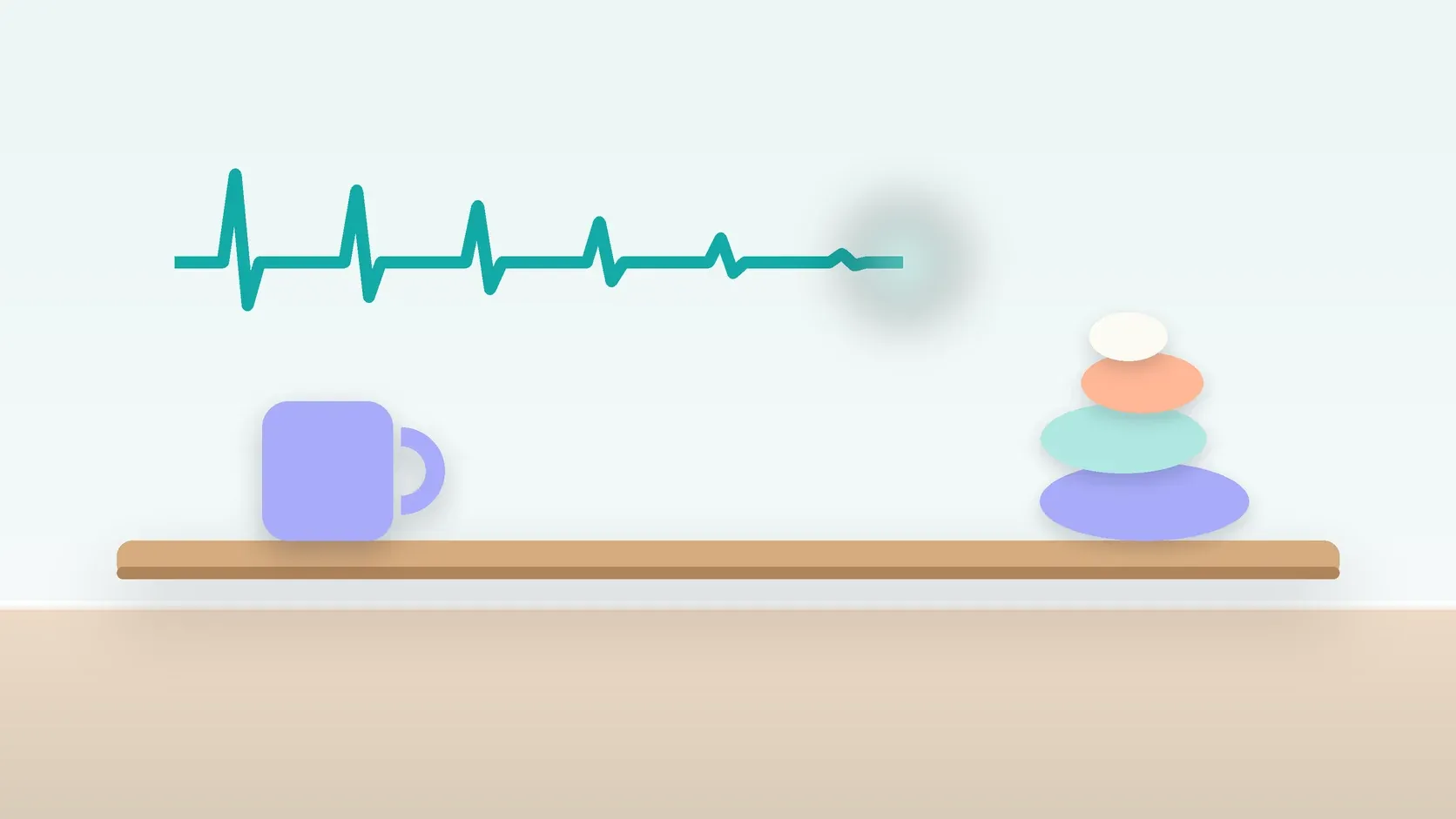Illustration of a heartbeat line settling into a calm curve above a desk with balanced stones and a mug
