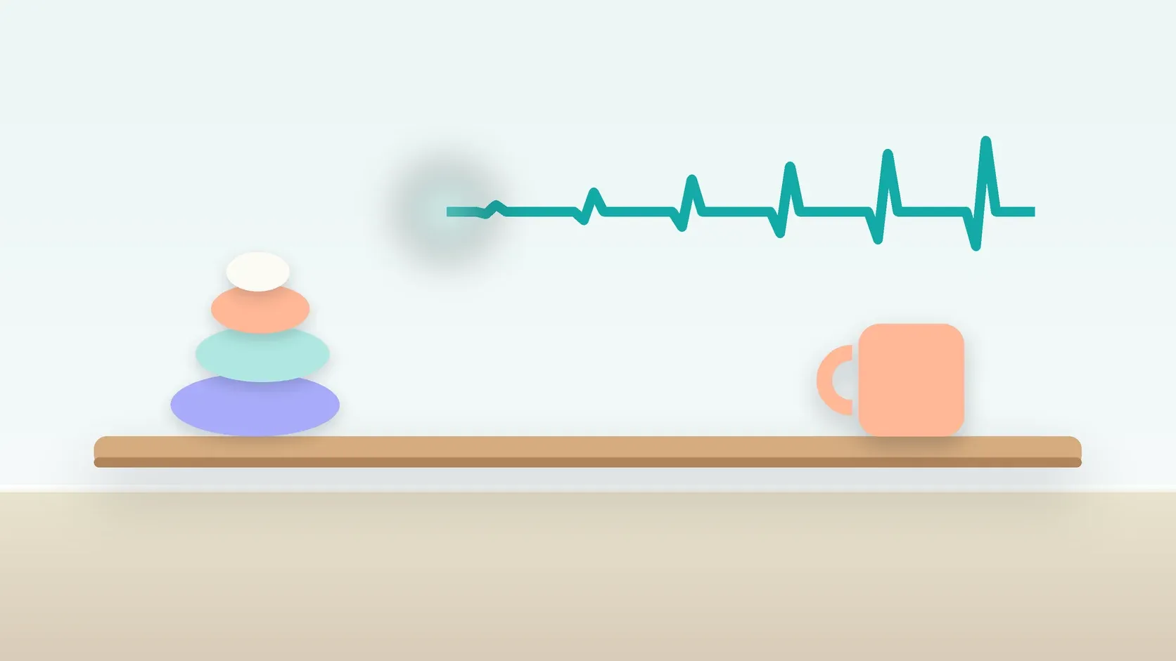 Illustration of a heartbeat line settling into a calm curve above a desk with balanced stones and a mug
