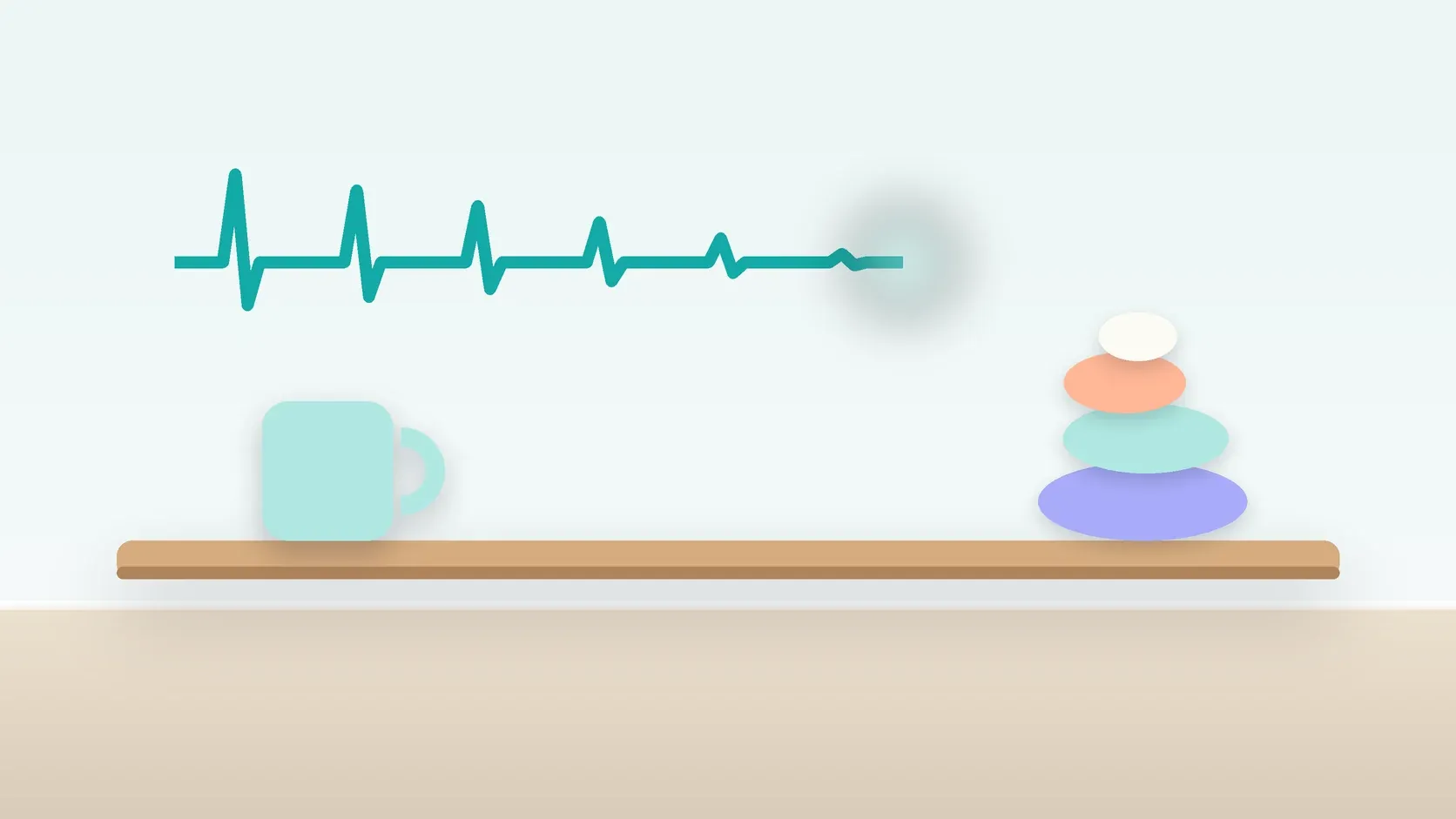 Illustration of a heartbeat line settling into a calm curve above a desk with balanced stones and a mug