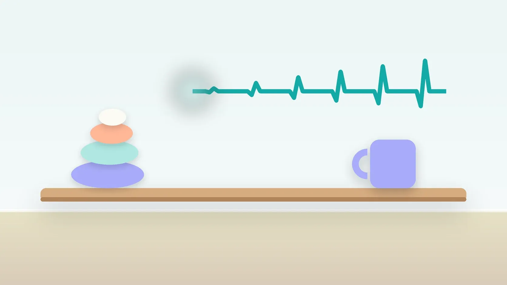 Illustration of a heartbeat line settling into a calm curve above a desk with balanced stones and a mug