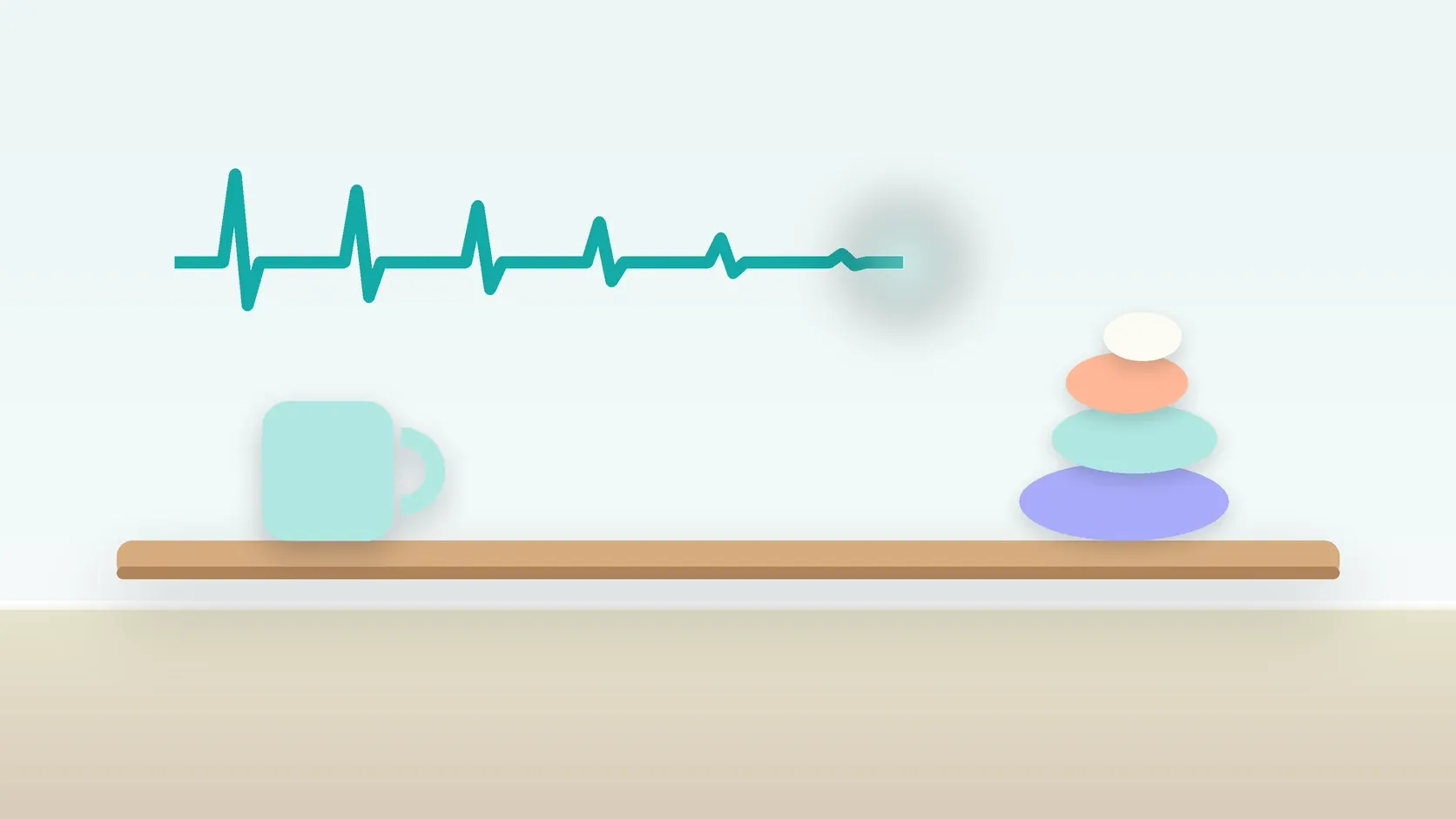Illustration of a heartbeat line settling into a calm curve above a desk with balanced stones and a mug