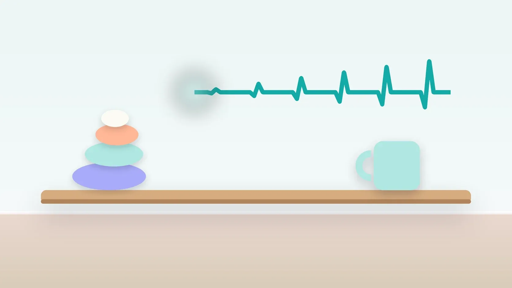 Illustration of a heartbeat line settling into a calm curve above a desk with balanced stones and a mug