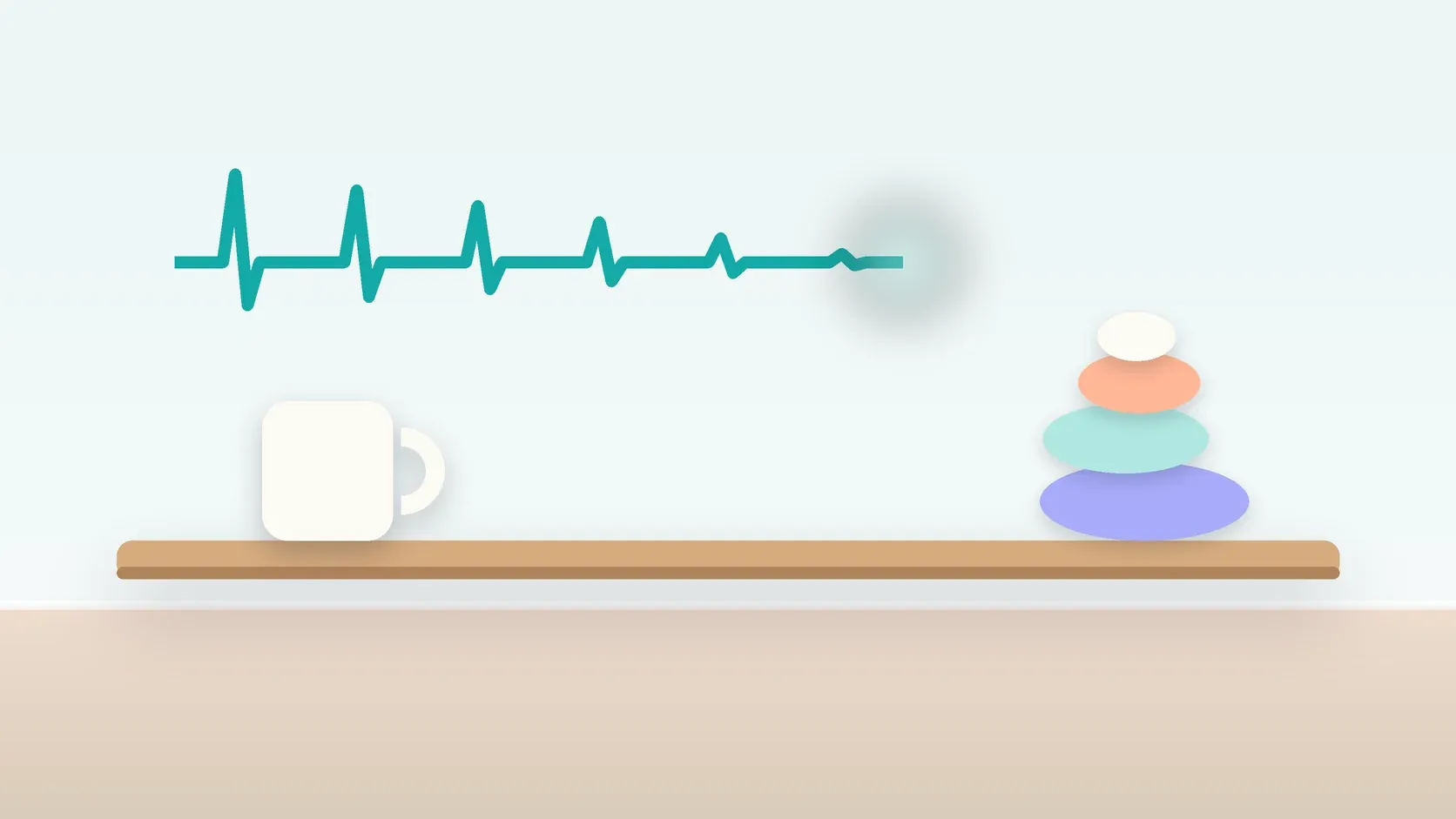 Illustration of a heartbeat line settling into a calm curve above a desk with balanced stones and a mug