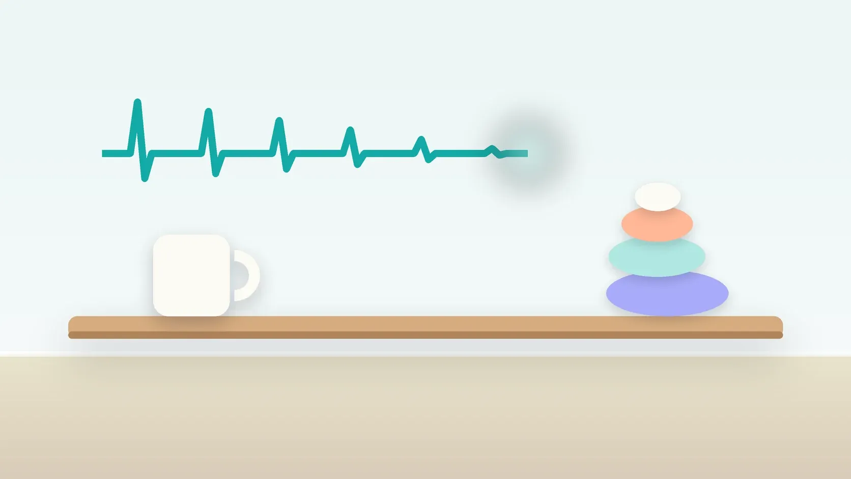 Illustration of a heartbeat line settling into a calm curve above a desk with balanced stones and a mug