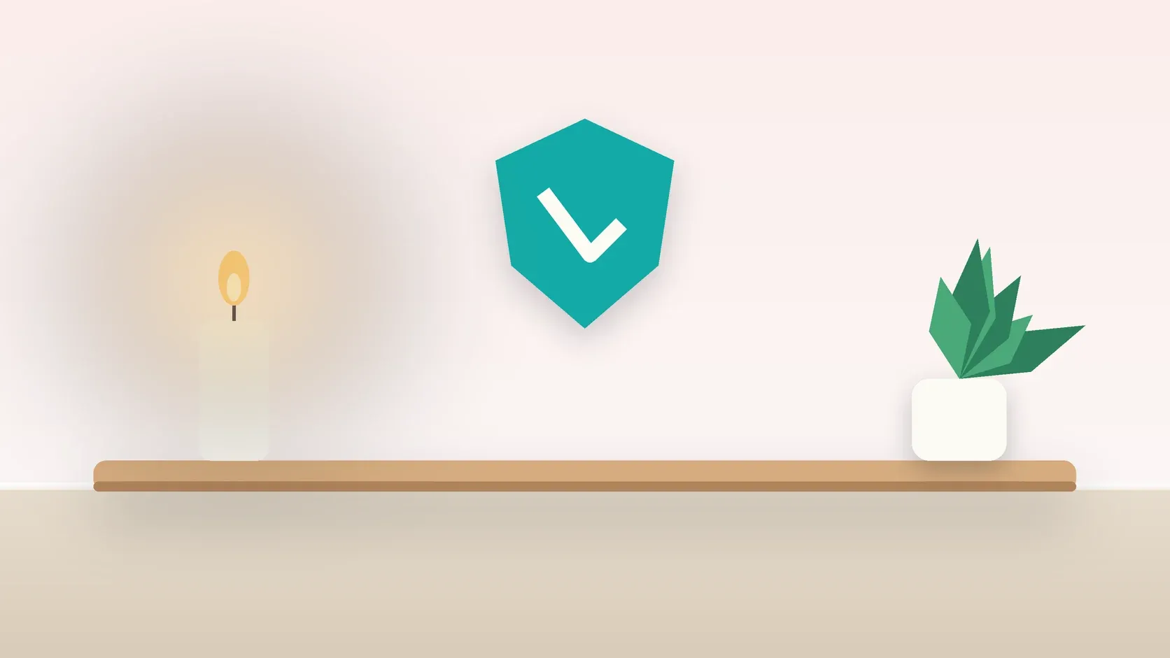 Illustration of a soft shield with a check mark above a desk with a plant and a lit candle, suggesting safety