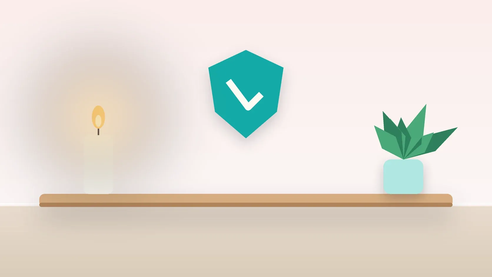 Illustration of a soft shield with a check mark above a desk with a plant and a lit candle, suggesting safety