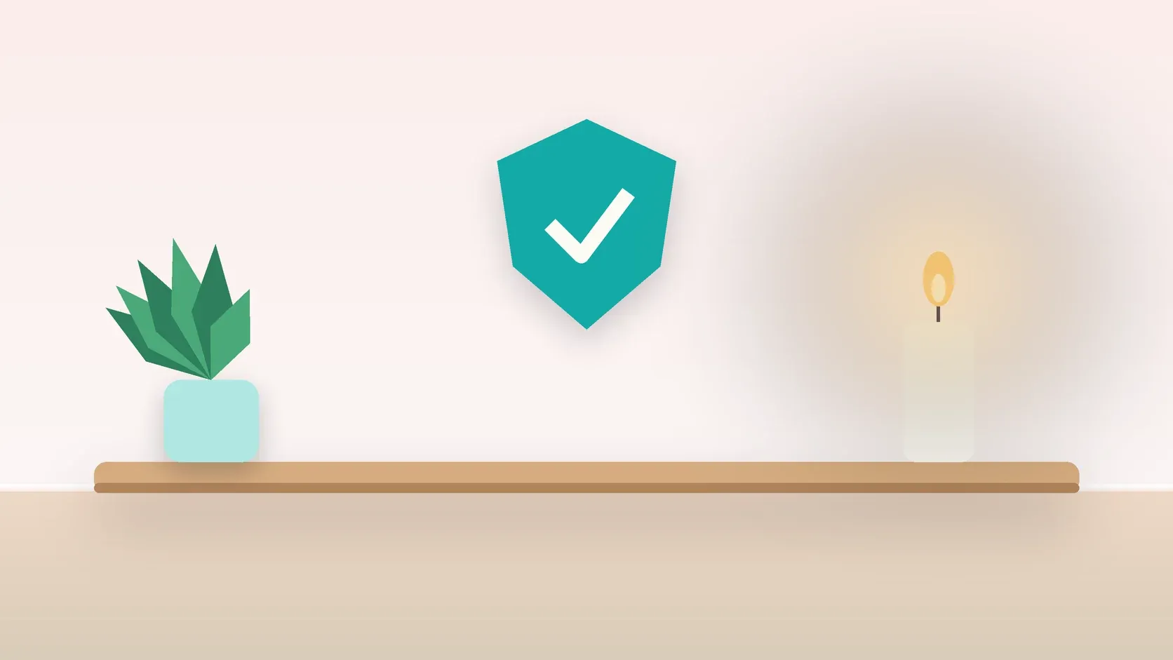 Illustration of a soft shield with a check mark above a desk with a plant and a lit candle, suggesting safety