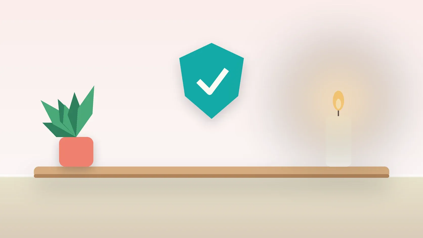 Illustration of a soft shield with a check mark above a desk with a plant and a lit candle, suggesting safety