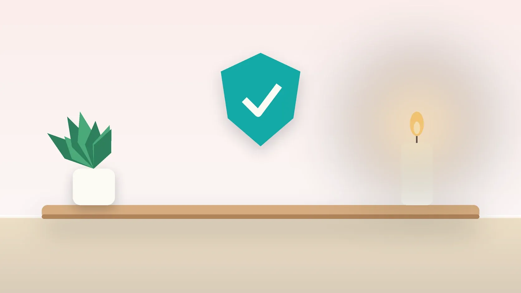 Illustration of a soft shield with a check mark above a desk with a plant and a lit candle, suggesting safety