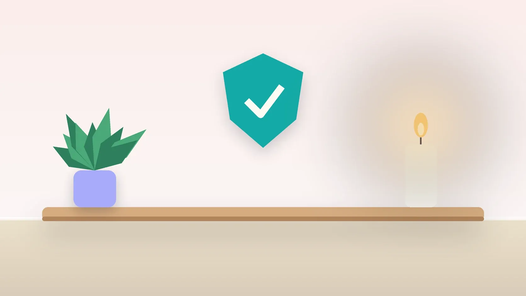 Illustration of a soft shield with a check mark above a desk with a plant and a lit candle, suggesting safety