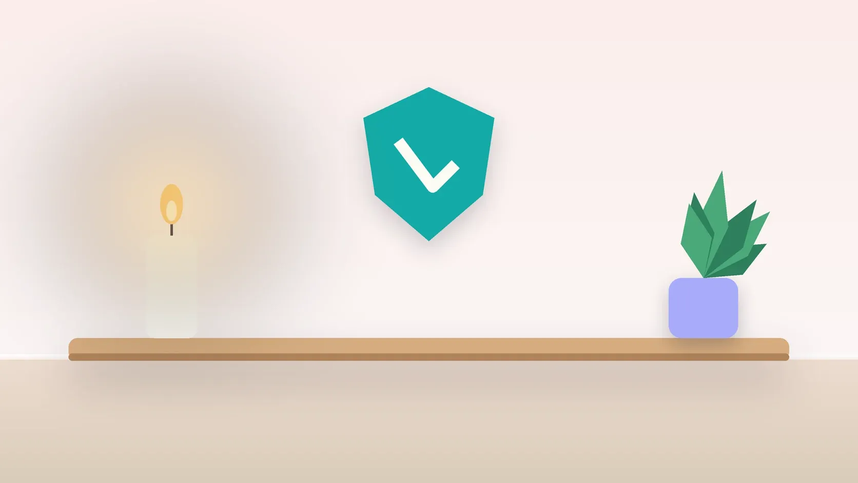 Illustration of a soft shield with a check mark above a desk with a plant and a lit candle, suggesting safety