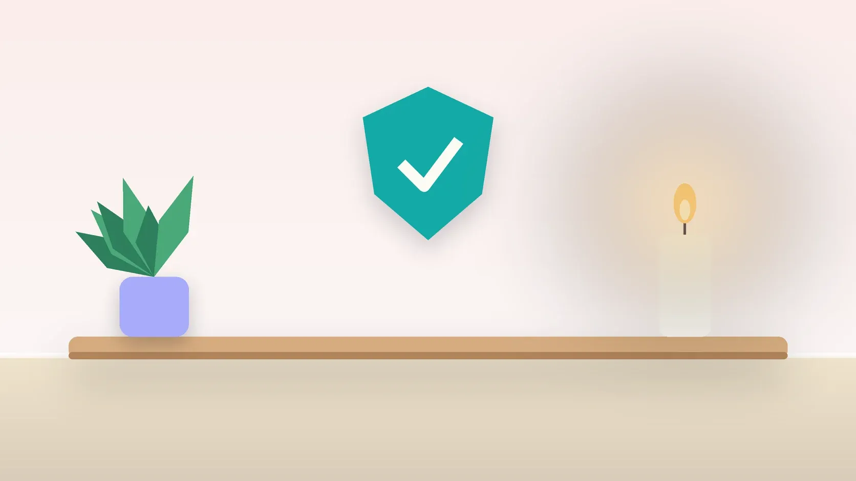 Illustration of a soft shield with a check mark above a desk with a plant and a lit candle, suggesting safety