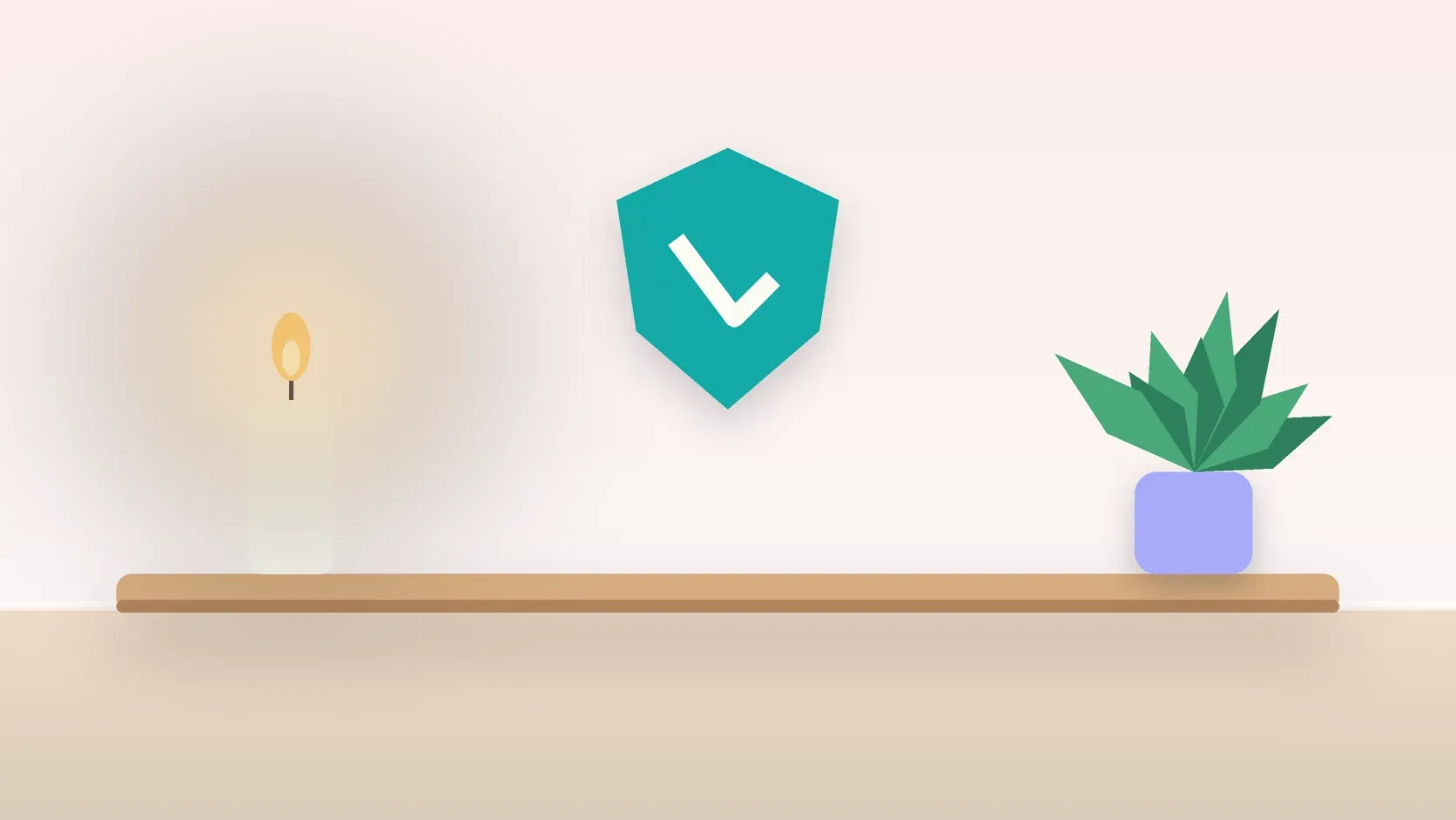 Illustration of a soft shield with a check mark above a desk with a plant and a lit candle, suggesting safety