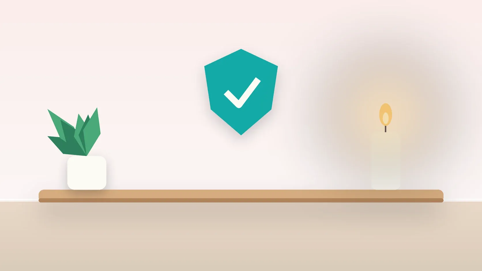 Illustration of a soft shield with a check mark above a desk with a plant and a lit candle, suggesting safety