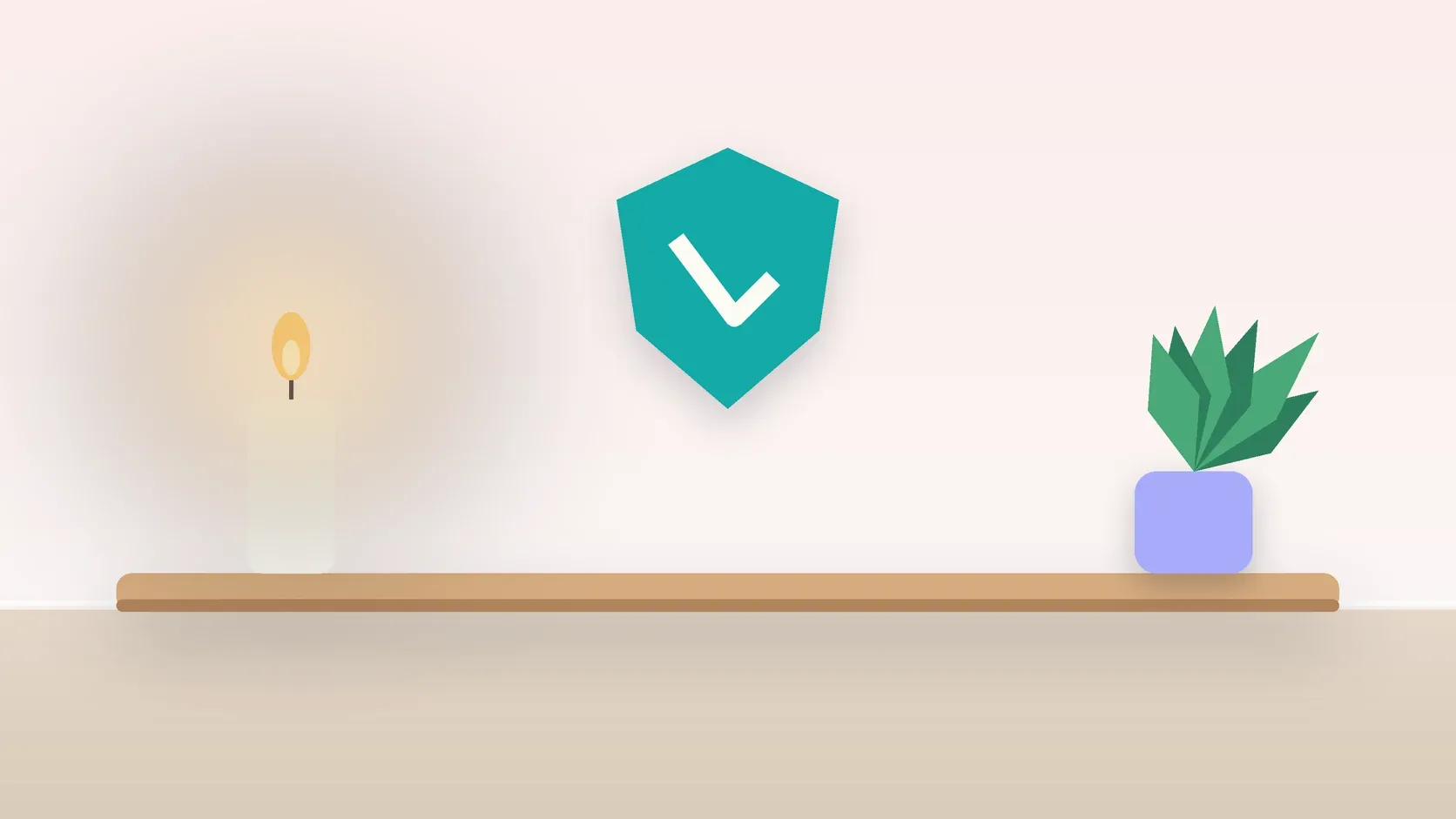 Illustration of a soft shield with a check mark above a desk with a plant and a lit candle, suggesting safety